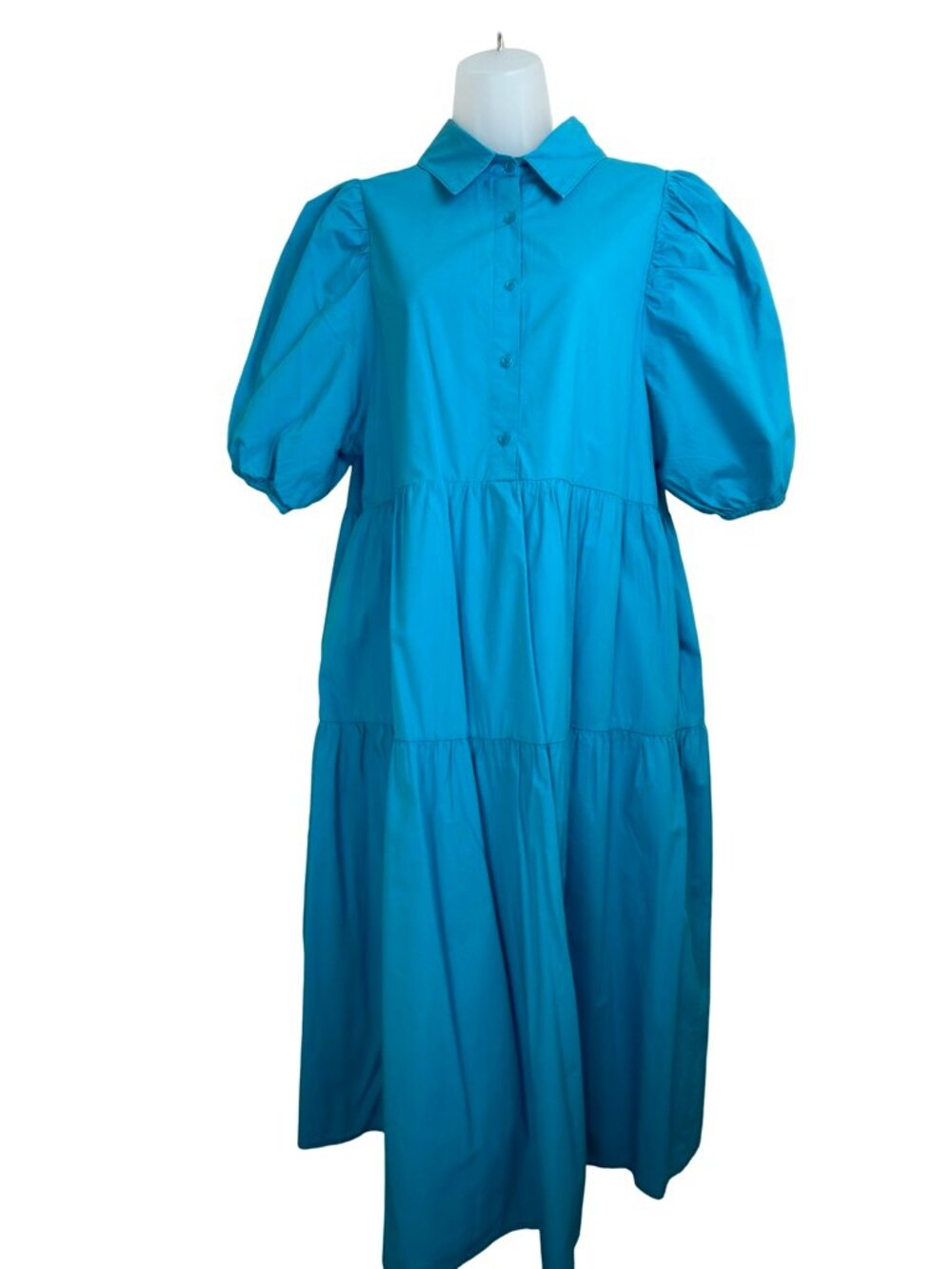 Melloday Turquoise Blue Puff Sleeve Tiered Cotton Shirt Dress Midi Size Large